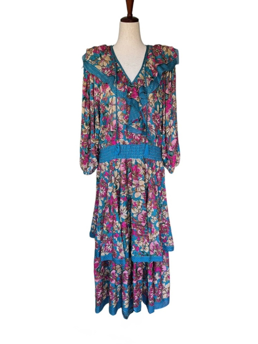 Vintage 80s Diane Freis Blue Pink Poly Floral Print Dress Beaded Tassels